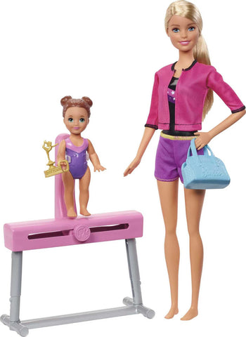 Barbie Gymnastics Coach Dolls & Playset with Blonde Coach Barbie Doll, Brunette Small Doll and Balance Beam with Sliding Mechanism, Gift for 3+ Year Olds [Amazon Exclusive]