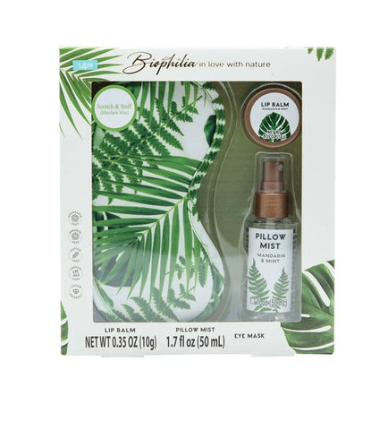 Biophilia 3 Piece Sleep Gift Set | Leaf Pattern | Mandarin Mint Set | Eye Mask, Lip Balm 0.35 OZ (10g) & Pillow Mist 1.7 FL OZ (50ml)